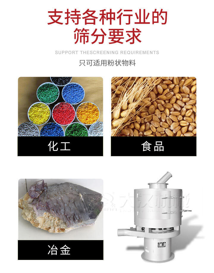 气流筛用于矿粉,石墨粉,活性纳米碳酸钙,铝灰,大豆粉,碳酸重钙,石墨粉,木粉,干草,重金石粉,药粉末,橡胶颗粒,草酸盐,干料粉,木粉,聚酯粉,干粉,塑料,金属粉末,橡胶粉,粉煤灰,石墨粉,陶瓷粉,锌粉,石英粉,石灰粉,铁粉,金属硅粉等。